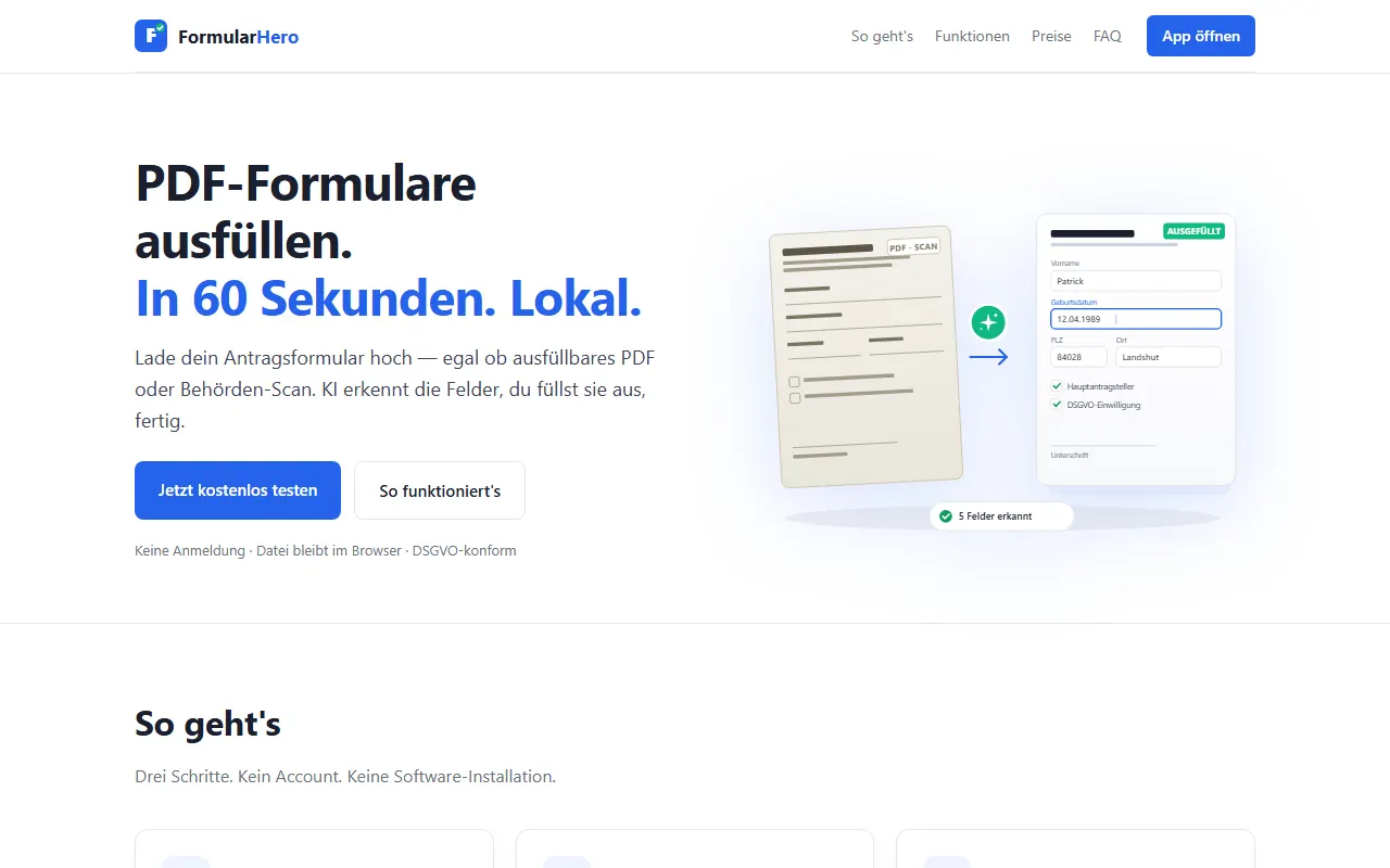 Formulardo.de landing page - fill PDF forms in 60 seconds, locally