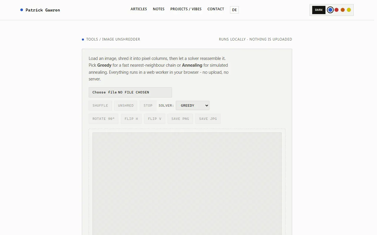 Image Unshredder - solver controls and canvas