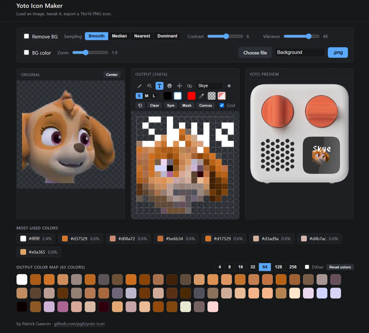 Yoto Icon Maker - image cropped and pixelated to a 16x16 Yoto display icon