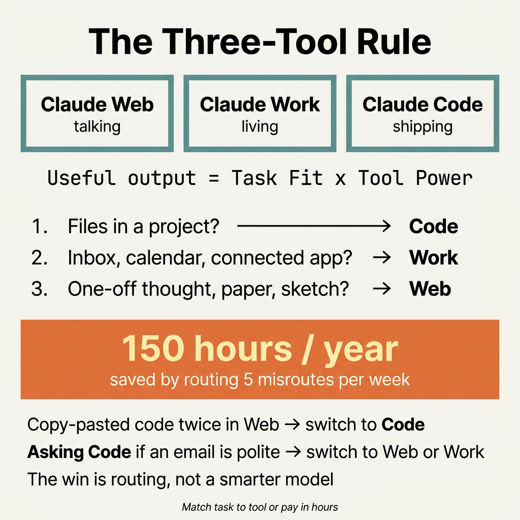 The Three-Tool Rule infographic. Web for talking, Work for living, Code for shipping. Roughly 150 hours per year saved by correct routing.