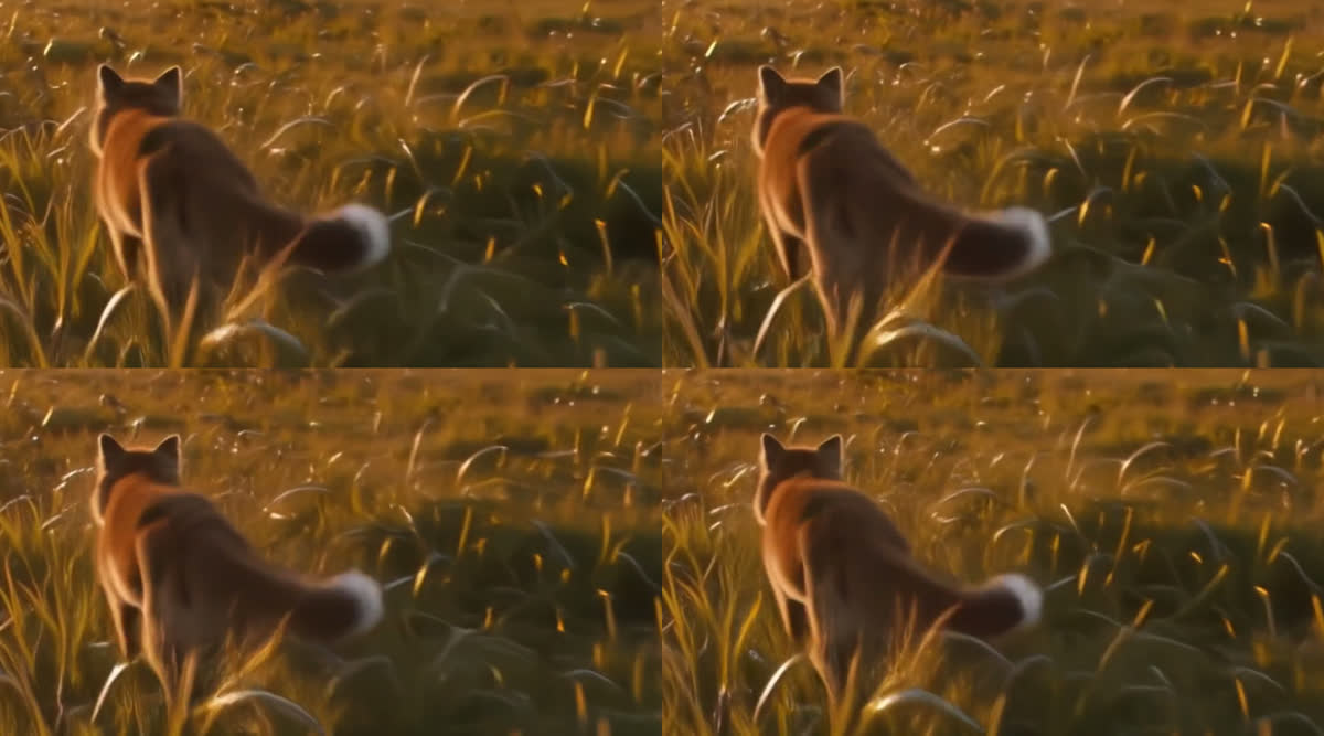 Four crops of a fox in grass. Baseline and trim 2 on the top row, trim 4 and LoRA strength 0.7 on the bottom row. The trim 4 crop shows visibly softer fur.