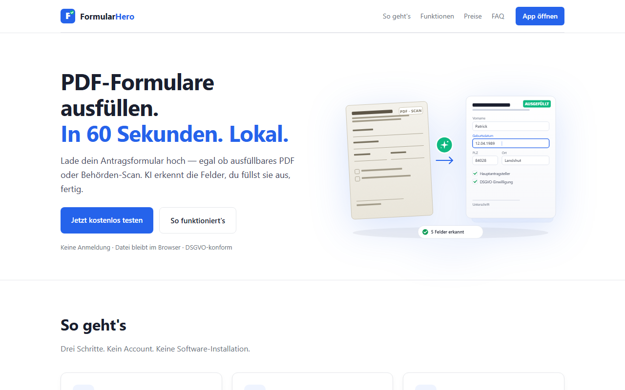 FormularHero landing page - fill PDF forms in 60 seconds, locally
