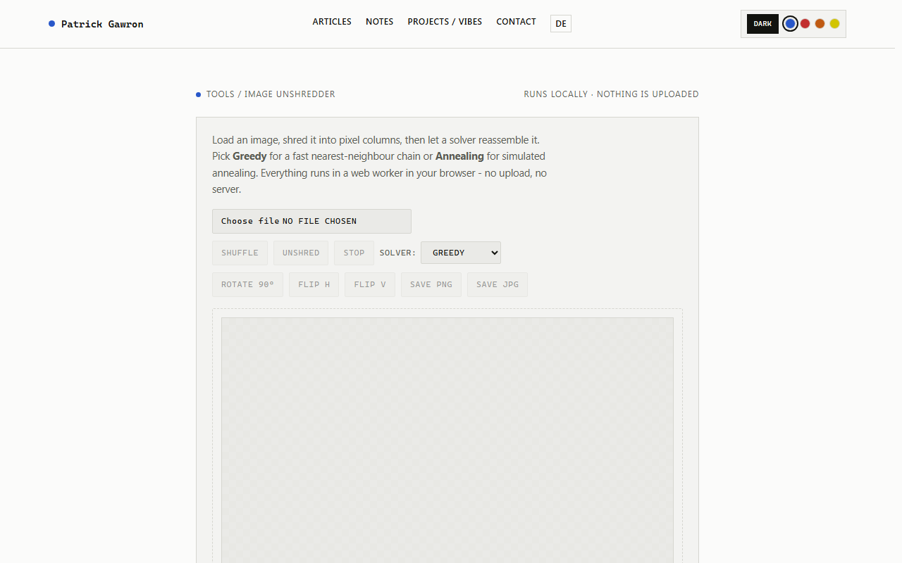 Image Unshredder - solver controls and canvas